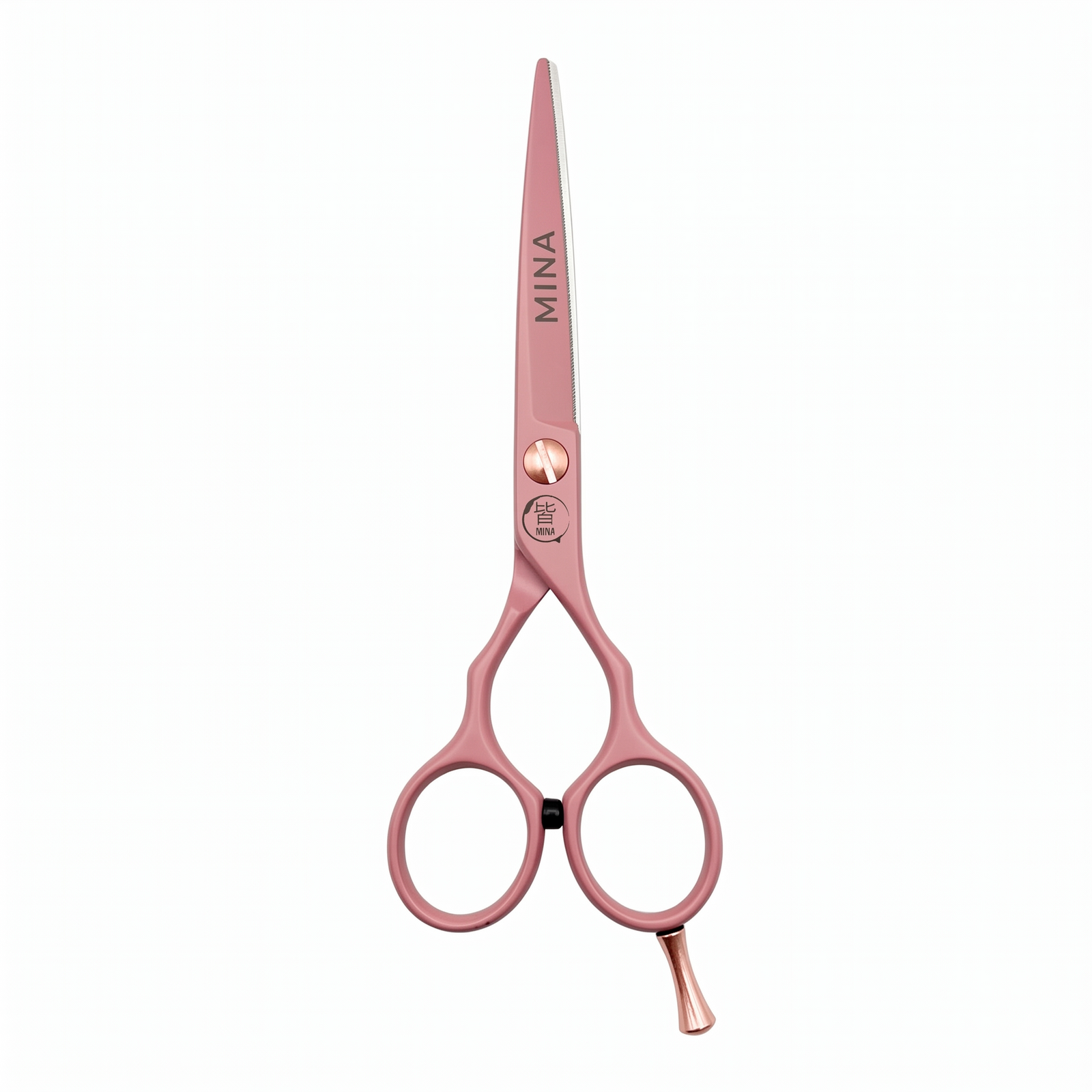 Mina Classic Pastel Pink cutting scissor — pastel pink blade with rose gold tension screw and finger rest (SKU: MIN-PNK-C55)
