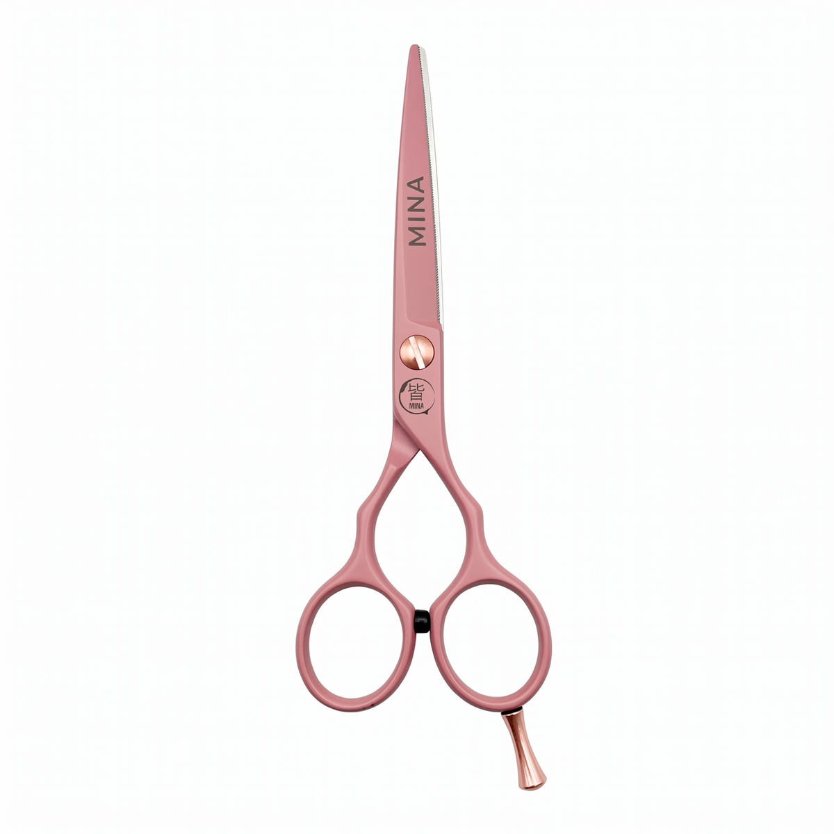 Mina Classic Pastel Pink cutting scissor — pastel pink blade with rose gold tension screw and finger rest
