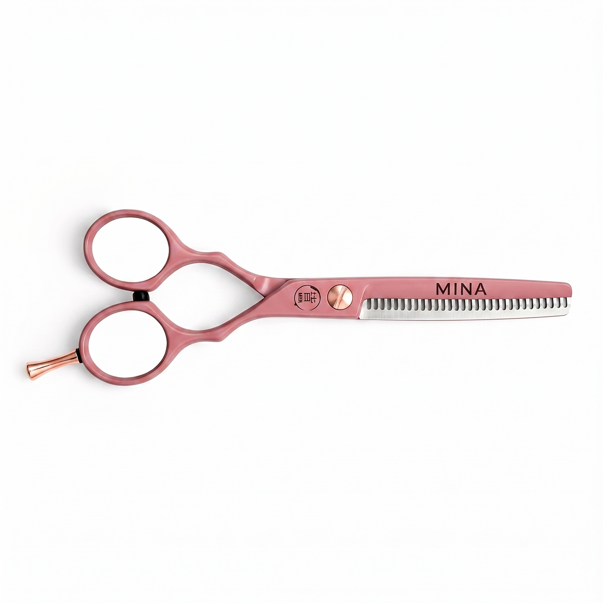 Mina Classic Pastel Pink thinning scissor — pastel pink texturizing blade with rose gold accents