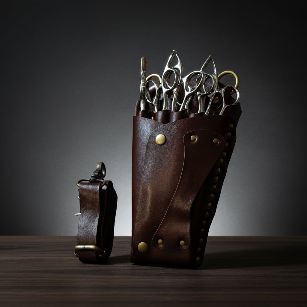 Elegant Brown Leather Holster: Protect 5 Hair Scissors in - Leather Holster For Hair Stylists &amp; Barbers