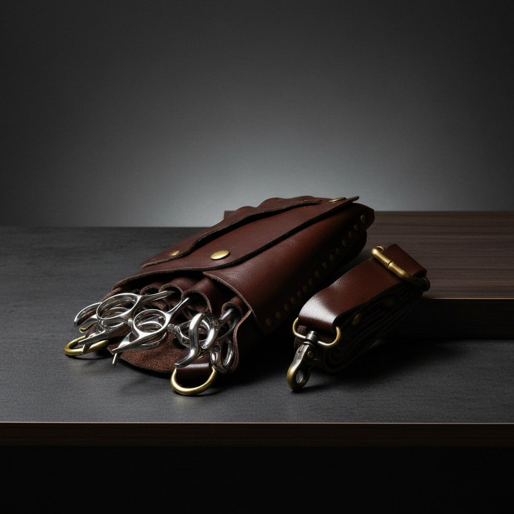 Elegant Brown Leather Holster: Protect 5 Hair Scissors in - Leather Holster For Hair Stylists &amp; Barbers