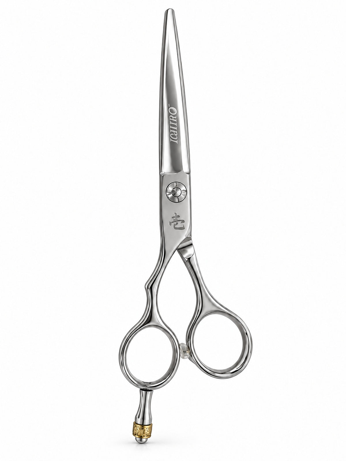Left-handed Ichiro Crown cutting scissors with a convex edge and gold-tone crown finger rest, Scissor Hub (SKU: ICH-CRN-LC55)