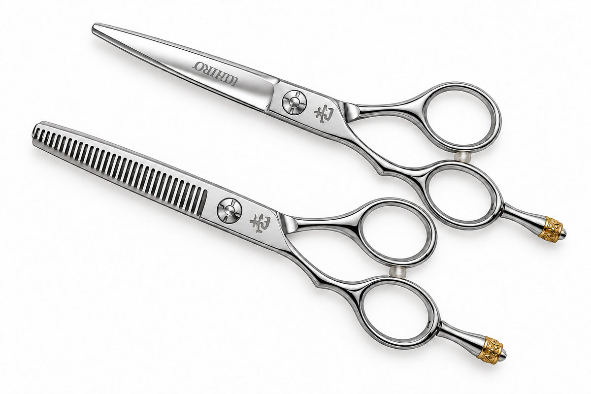 Angled view of the left-handed Ichiro Crown cutting scissor above its matching thinner