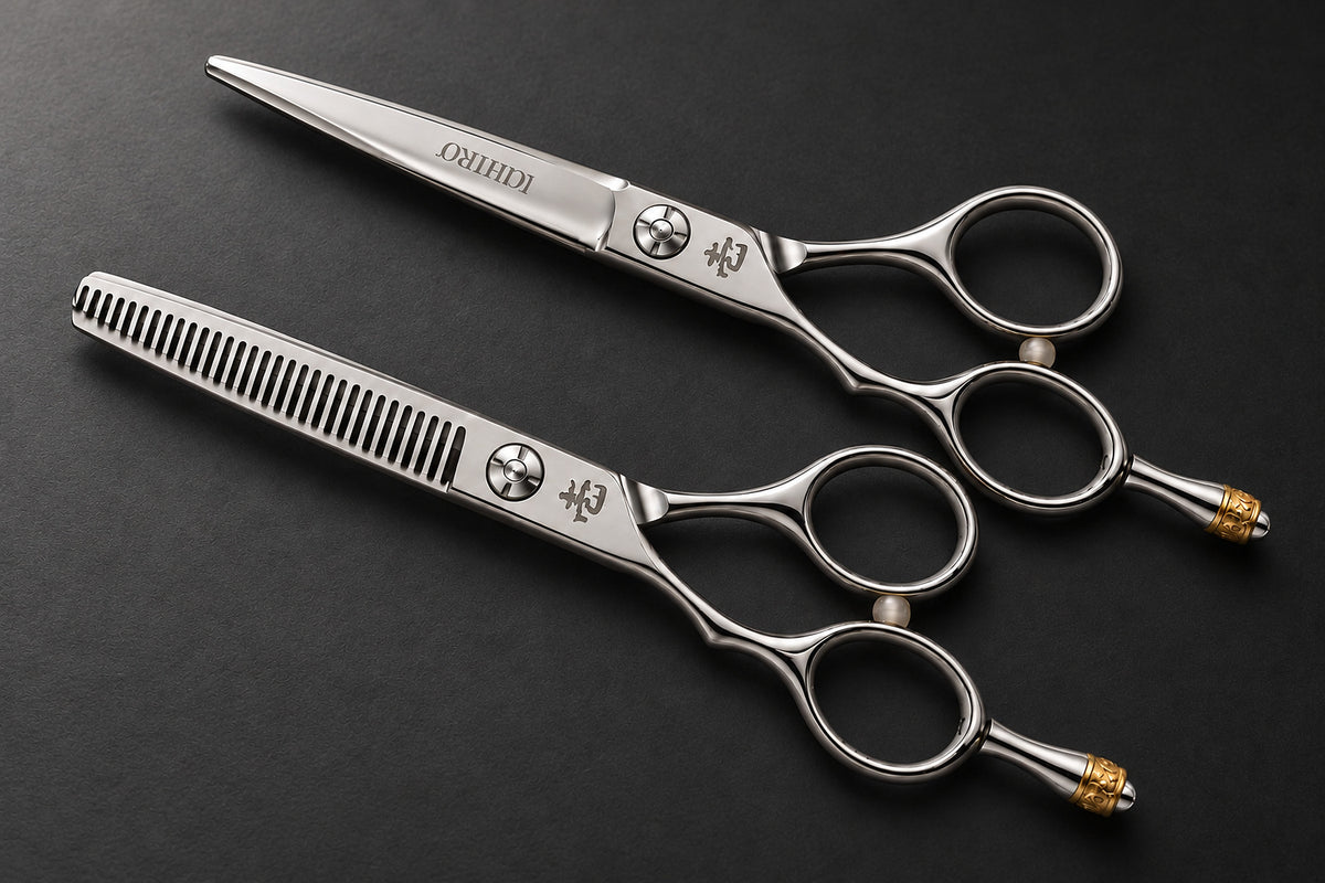Left-handed Ichiro Crown scissor pair on a dark charcoal background