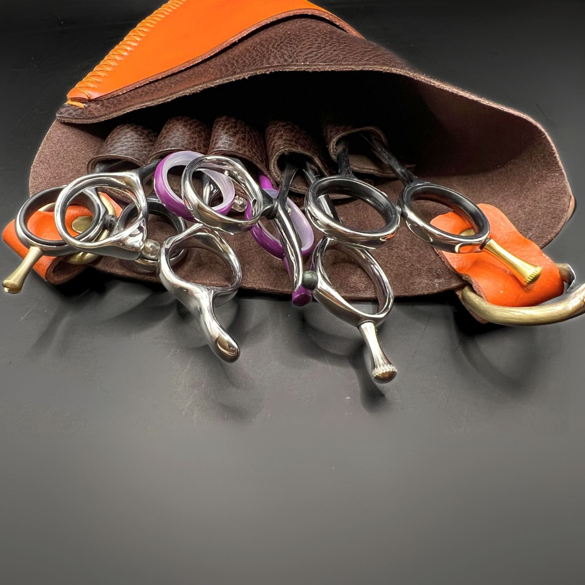 Premium Orange &amp; Brown Leather Scissor Holster - 5 Pocket Professional Belt in - Leather Holster For Hair Stylists &amp; Barbers