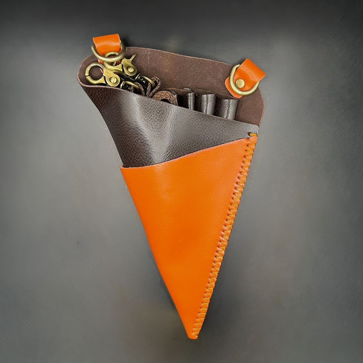 Premium Orange &amp; Brown Leather Scissor Holster - 5 Pocket Professional Belt in - Leather Holster For Hair Stylists &amp; Barbers